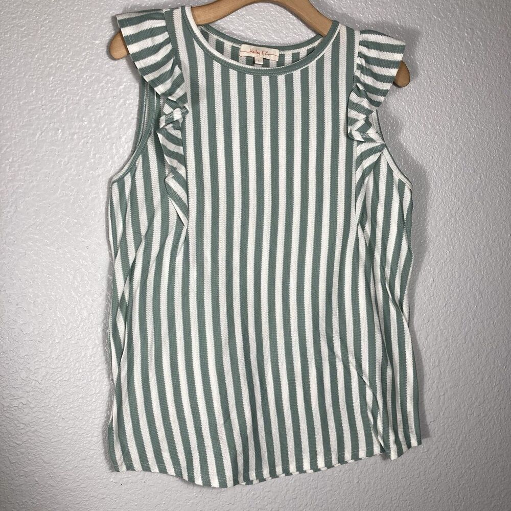 Hailey & Co Woman's Top L Green White Ruffles Sleeveless Boho Coquette Blouse - Picture 5 of 8